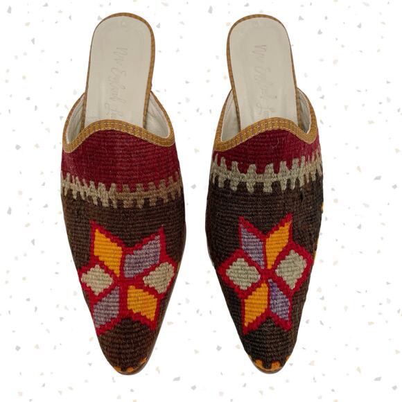 Vintage Kilim Rug Heeled Mules Red Brown Upcycled New England Loom Size EU 40 - Picture 2 of 11